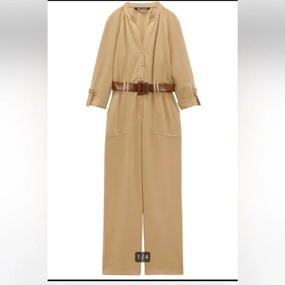 Zara Tan Wide Straight Leg Jumpsuit with Brown Croc Belt - Picture 1 of 10